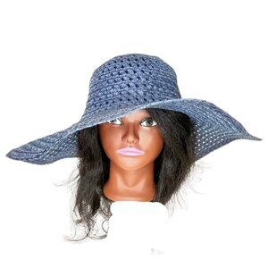 Blue Wide Brim Floppy Sun Hat Faux Straw Woevn Crochet Foldable One Size Beach